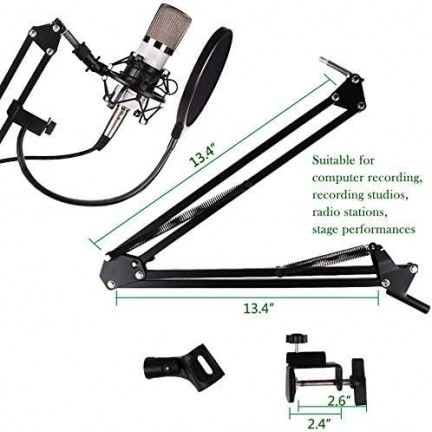 Microphone Boom Arm Studio Podcast Mic Stand+Clamp+Pop Filter