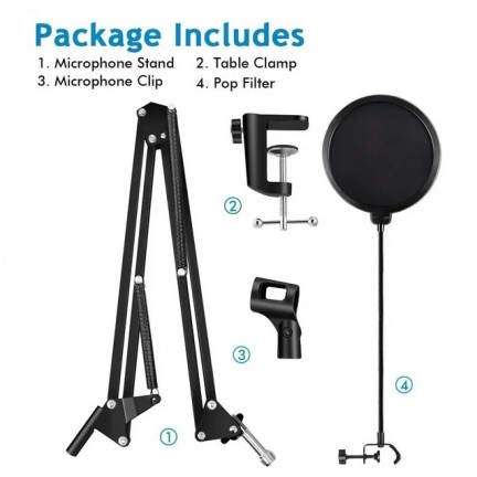Microphone Boom Arm Studio Podcast Mic Stand+Clamp+Pop Filter
