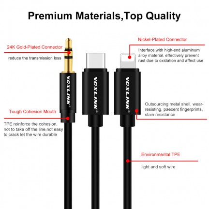 VOXLINK Aux Cable 2 in 1 8 Pin + USB Type C to 3.5mm Car Aux Audio Cable