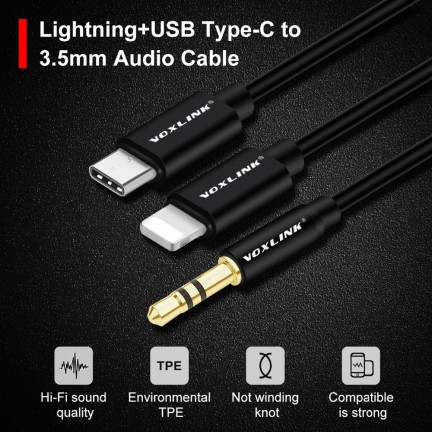 VOXLINK Aux Cable 2 in 1 8 Pin + USB Type C to 3.5mm Car Aux Audio Cable