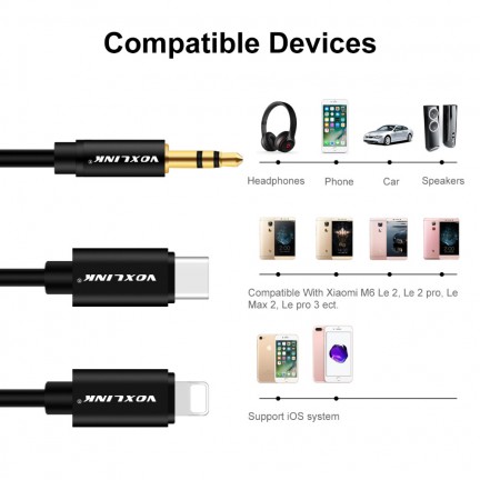 VOXLINK Aux Cable 2 in 1 8 Pin + USB Type C to 3.5mm Car Aux Audio Cable