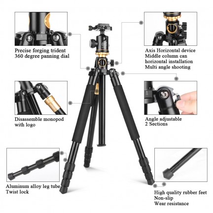 QZSD Q999H Aluminum Alloy Tripod Monopod with Horizontal Column 360 Degree Damping Ball Head